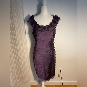 London Times Cocktail Dress Plum layered Scoop Neck with Floral Appliqués.  10